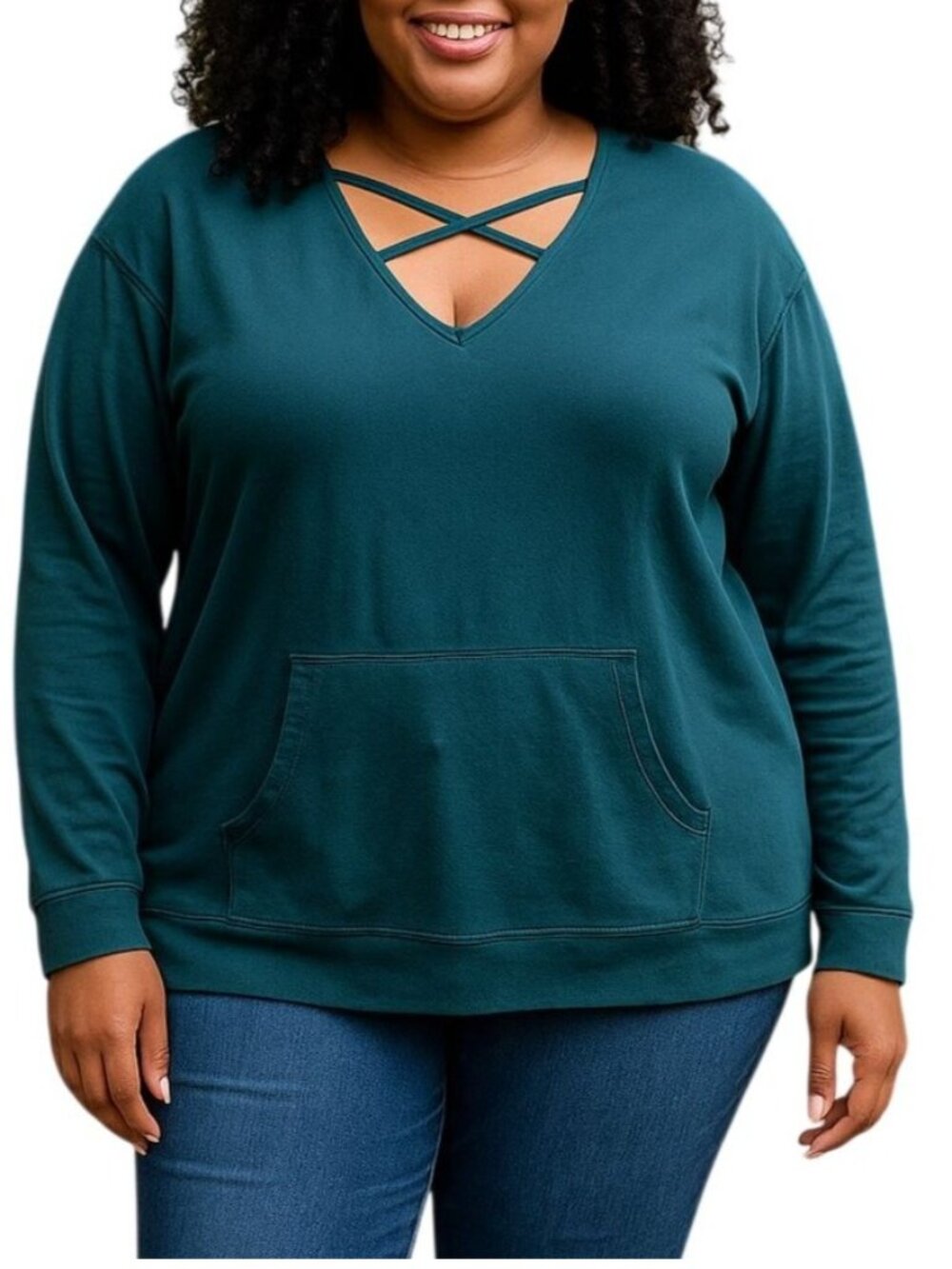 BCG Size XL Pullover Top Strappy V-Neck Long Sleeve Teal Casual Pocket Style